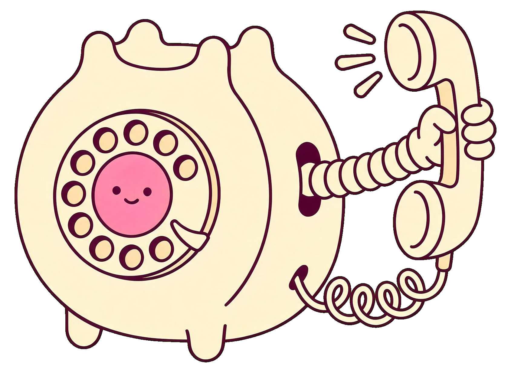 Line-art mascot: a smiling rotary telephone lifting its handset